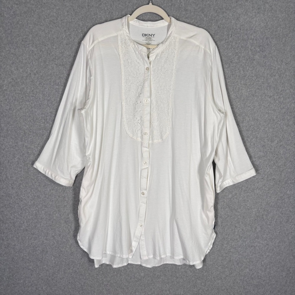 DKNY Lace Tuxedo Bib‎ Tunic Top XL White Modal Cotton Victorian Jersey Stretch
